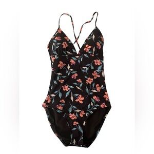 Lands End Women’s One Piece Swimsuit Black Pink Floral Print Slimming Size: 10